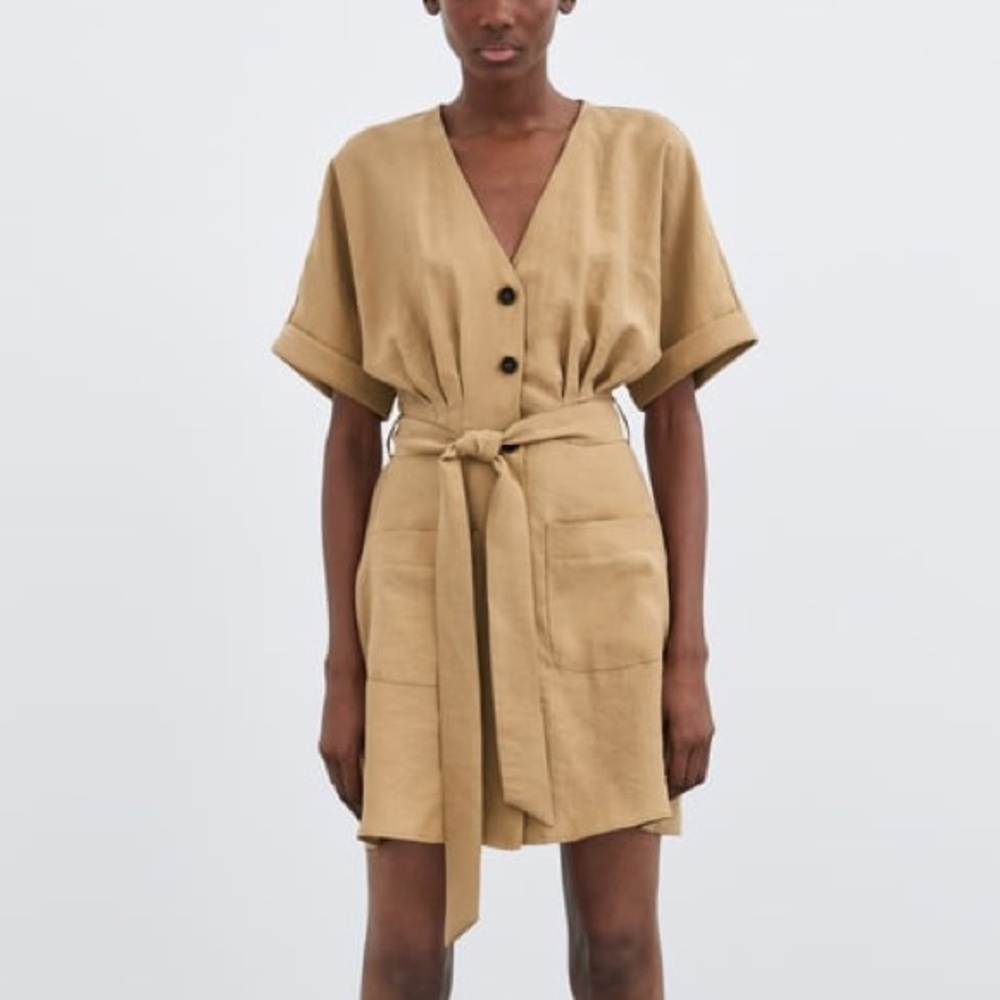 Zara Tan Button-Down Belted Dress